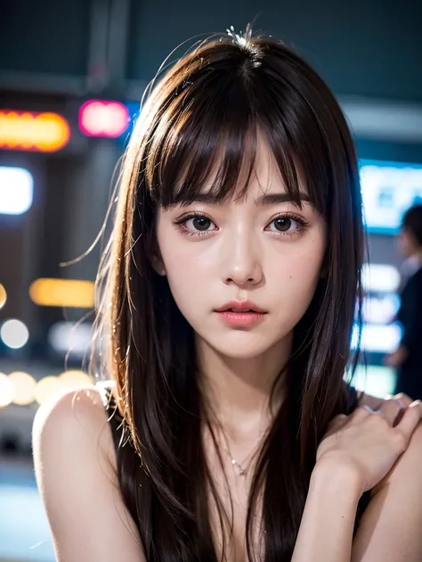 (8k, RAW photo, top quality, masterpiece:1.3),(realistic,photo-realistic:1.37),(watching viewers:1.331), Cyberpunk City,Soft light,1 girl, very beautiful face, Bust,Put your hands down ,random hairstyles,random expression,big eyes,