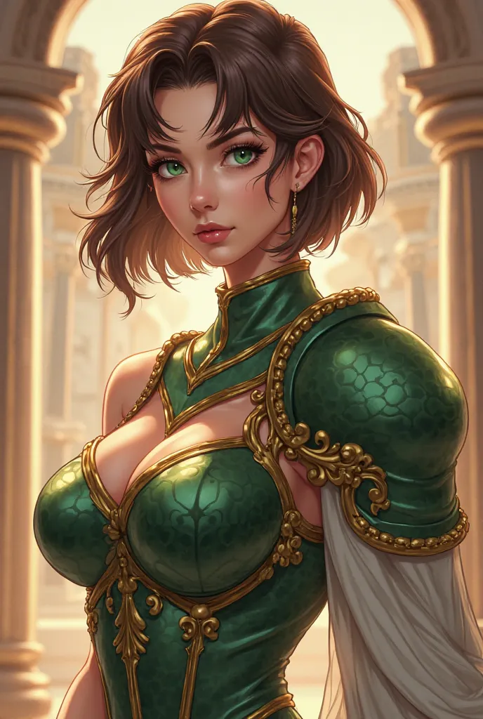 Create me an image in the Korean manwha fanart anime style with a woman of Greek origin with green eyes and medium-short brown hair with bangs with a serious expression with a voluptuous body, Big-breasted and muscular and tall with the beauty of a goddess...