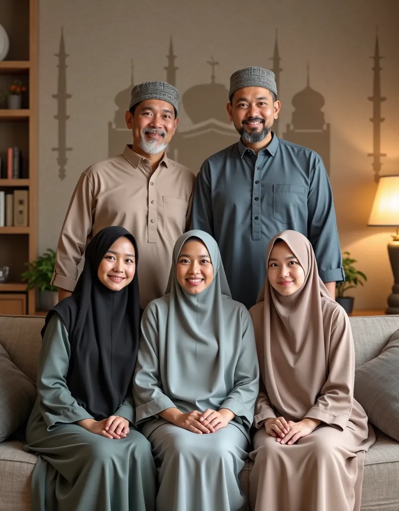 twin man 30 years-old in dressed cap knit sholat, wearing muslim elegant clothes and long sarung muslim clothing, they both is stand behind three hijab woman is sitting on couch, their five in photo on minimalistic room with mosque wallpaper background, sm...