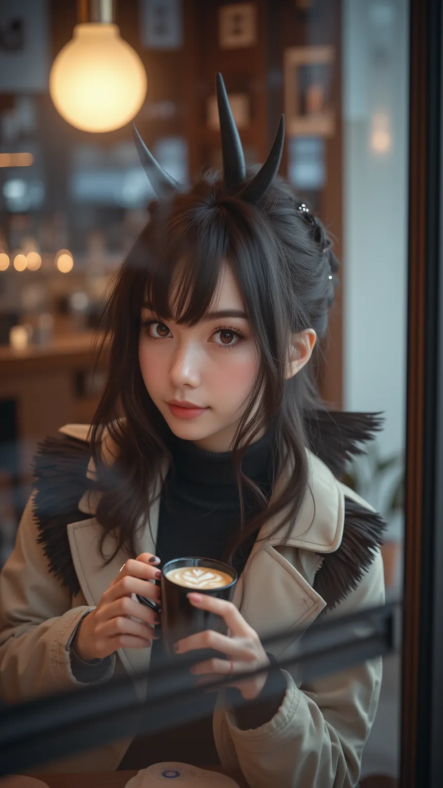 「high quality photo quality with black wings and sharp horns。Stylish cafe window、A beautiful Japanese girl smiles while holding a hot drink so that her hands are wrapped around it。The outside scenery is vaguely reflected、 with a relaxed atmosphere 。」


