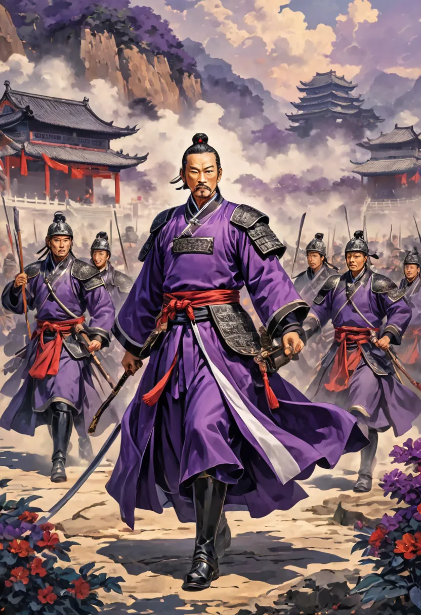 Ancient China during the Three Kingdoms period, General Nok Tien, tall  , double handle, Brave , commander of soldiers on exercise . in purple and black dominant