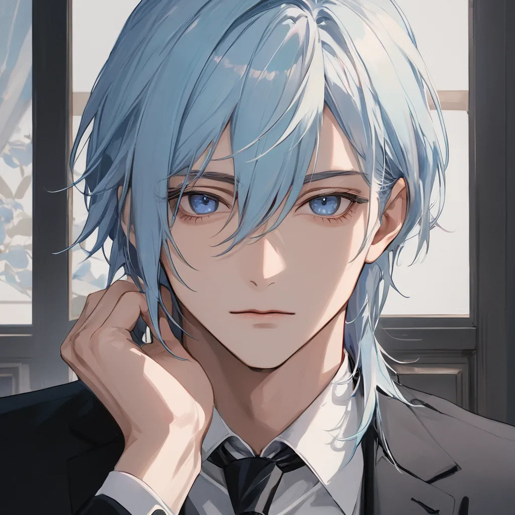 ( masterpiece,   high definition  ,  best quality),  35-year-old male、solo,light blue eyes、split in the center、light blue hair weak々like、dark eyes、anime style、Long Lashes, black suit、watching viewers、Kamigami、black tie、家の中solo、background opulence house、no ...