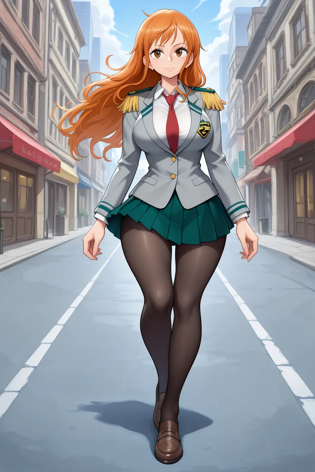 1 girl, solo, female only,

Nami \(One Piece\), 
long hair, orange hair, brown eyes,
shoulder tattoo, very large breasts, perky breasts, wide hips, skinny,

\(my hero academia\) outfit,
u.a. school uniform, 
grey blazer, epaulettes, long sleeves, 
white co...