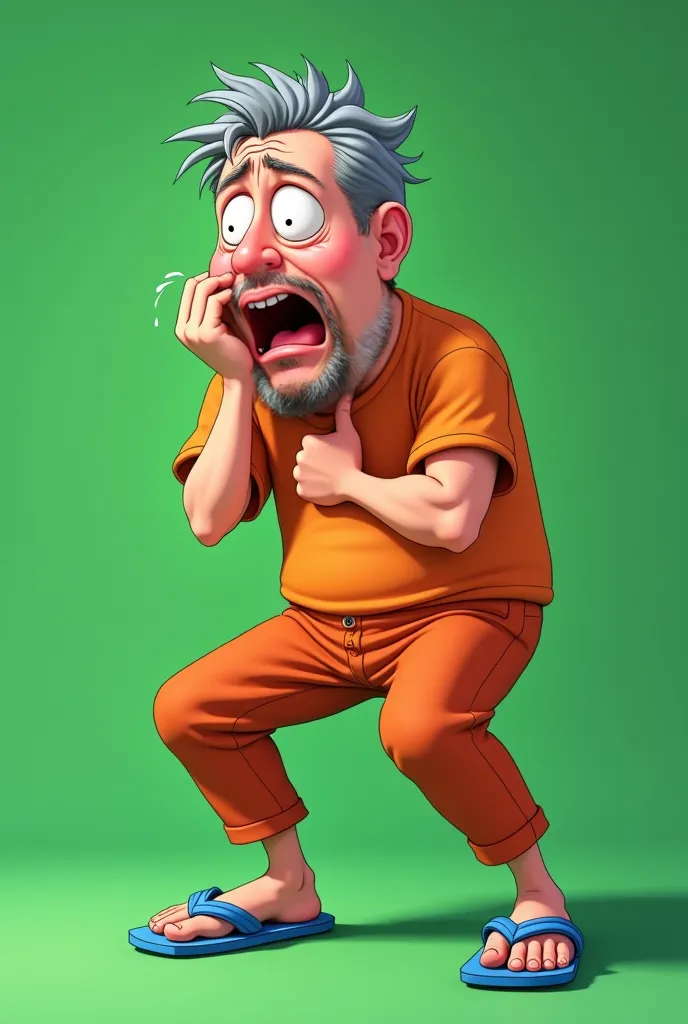 (full body, detailed), (very funny and comical caricature of a middle aged man, short gray hair, crying, ((in tears)), resting with his hand on his face in ((despair)), body half bent forward, other hand on his chest, wearing an orange t-shirt, orange pant...