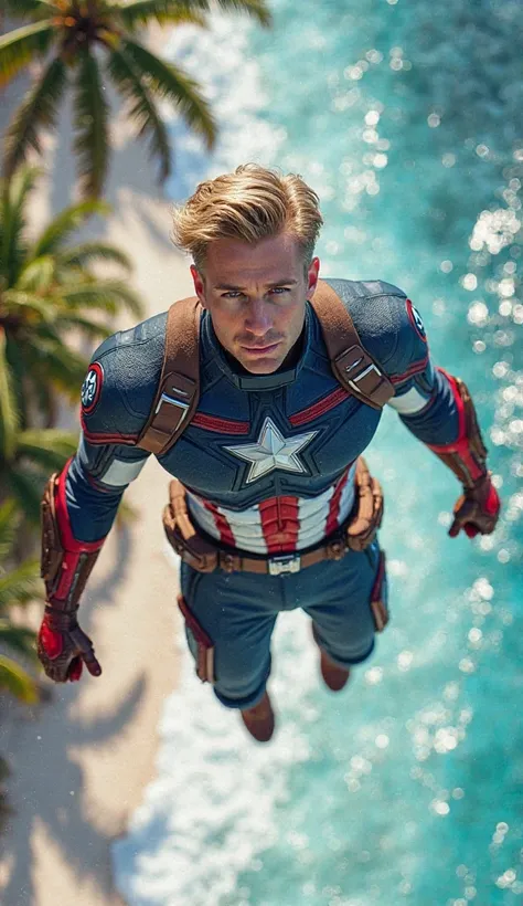 A futuristic reimagining of Captain America flying proudly over a tropical beach, exuding confidence. He dons a sleek, high-tech version of his classic red, white, and blue uniform, featuring an advanced arc reactor embedded in his chest, pulsating with vi...