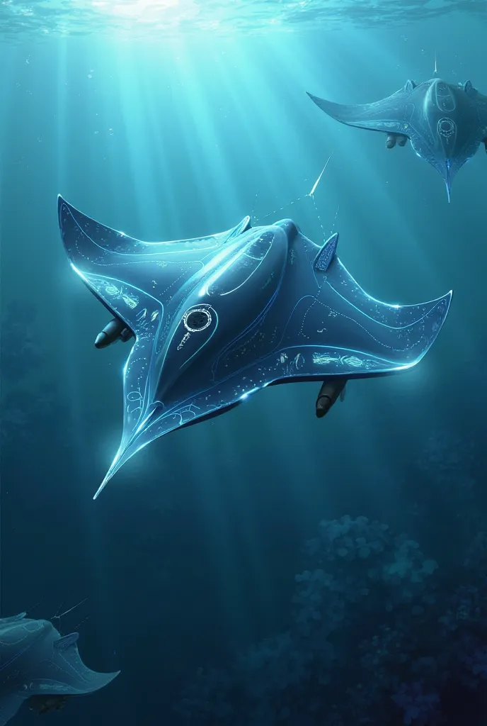 Manta ray-like underwater drones with a front-facing camera and missiles under their wings