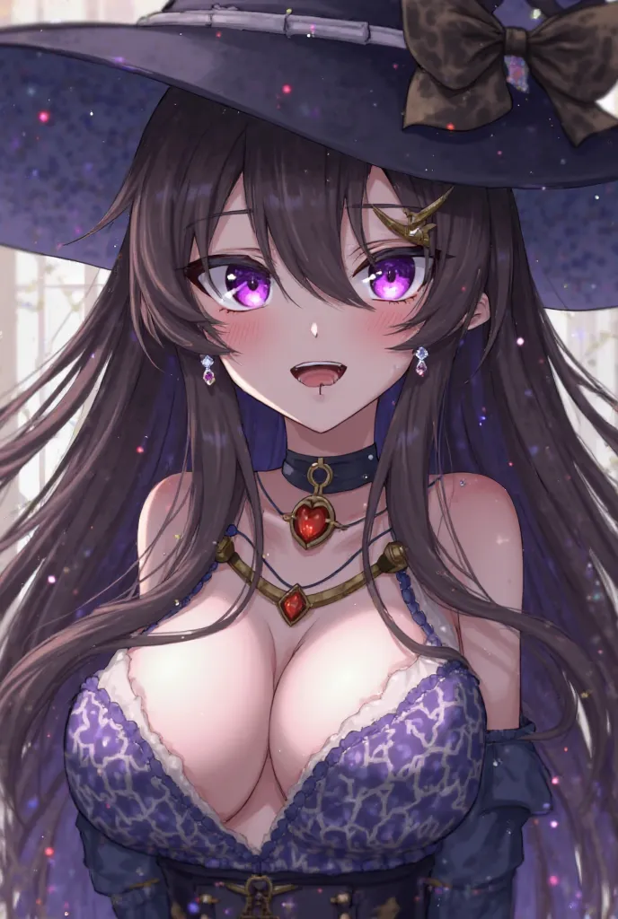 1girl, Solo, Breasts, Very Long Hair, Purple Eyes, Earrings, Horns, Tongue, Hood, Mask, Witch Hat, Multiple Views, Depth Of Field, Masterpiece, High Quality, Super Detailed, Textured Skin, Crystal Earrings, Saliva, Makeup, Angry, Anger Vein, Licking Lips, ...