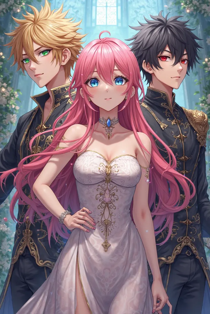 Anime characters, a pink-haired woman with blue eyes, a golden-haired man with green eyes, and a black-haired man with red eyes.