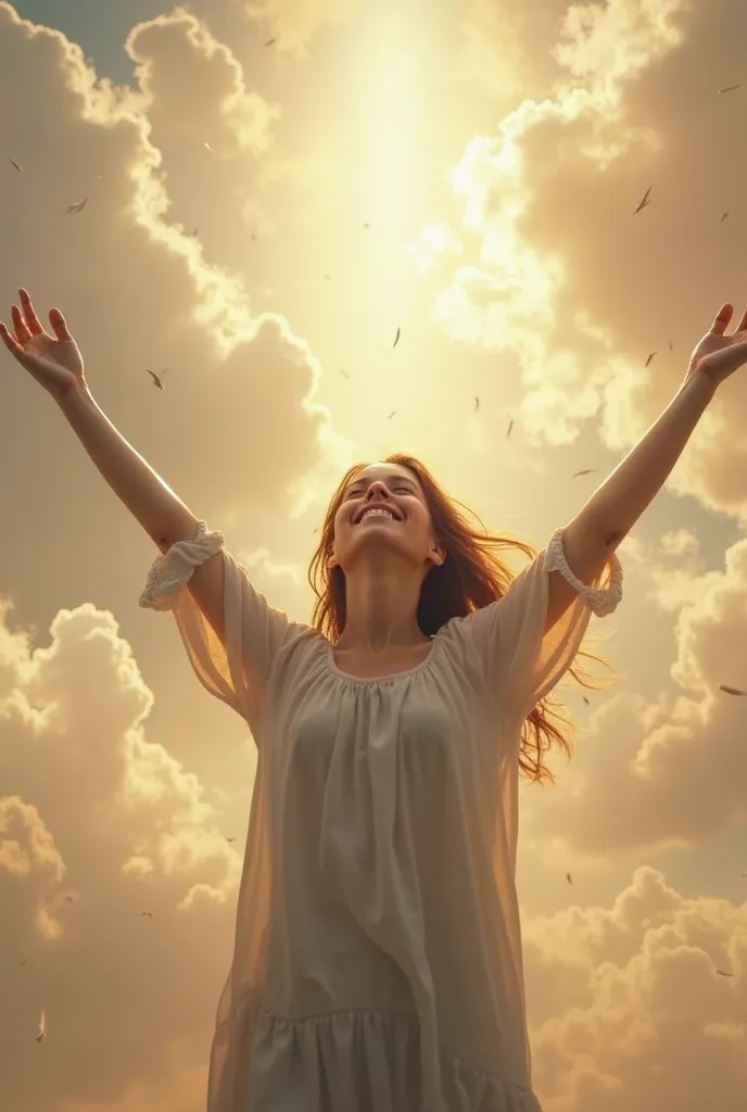 Woman thanking with her arms extended to the sky looking at God