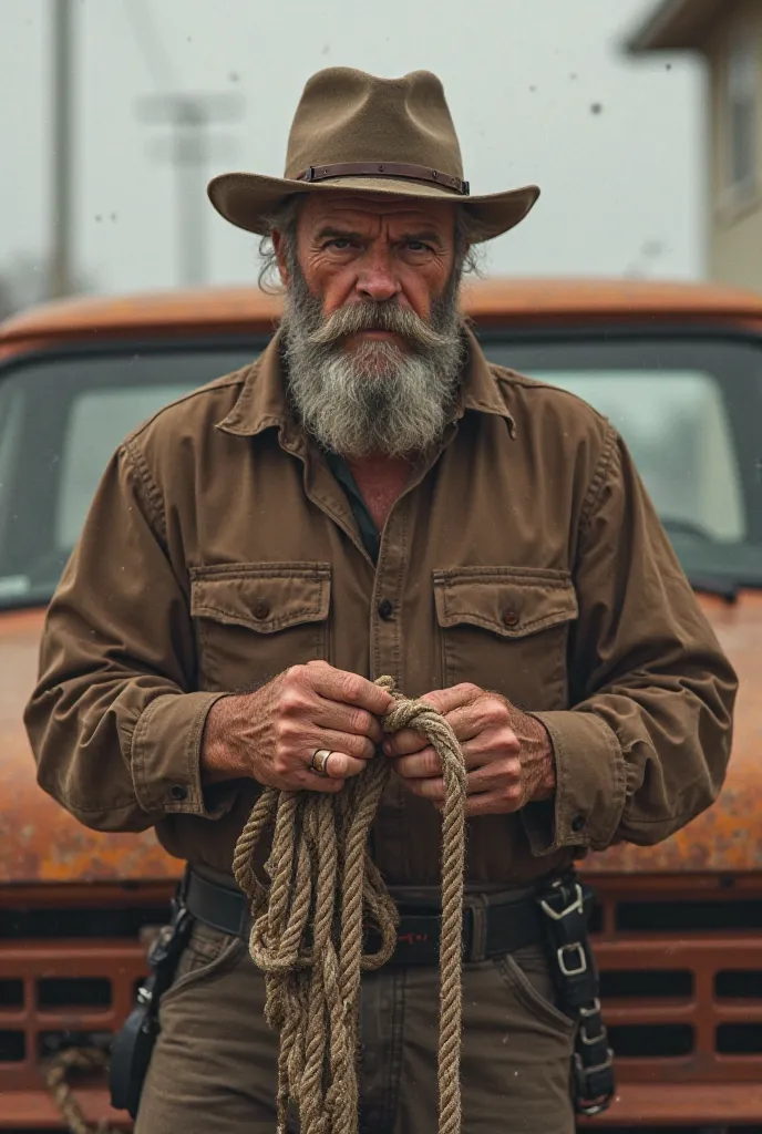 An american guy wearing a brown shirt and tieing a rope to his car outside