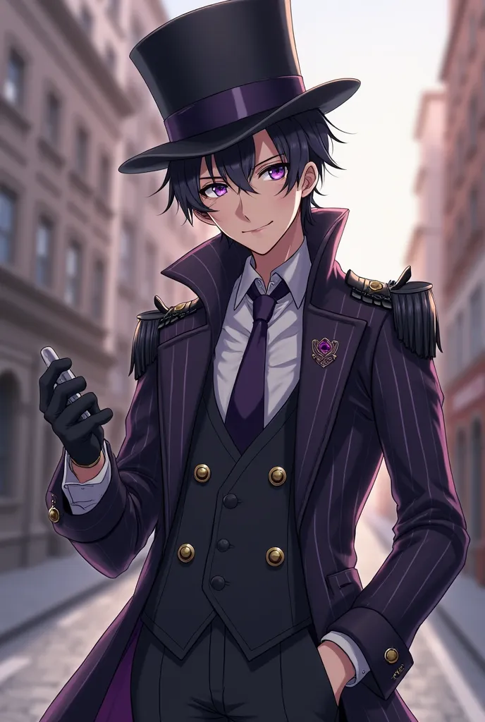 A anime adult boy and wearing a Dark with purple pinstripe overcoat with shoulder pads, a fitted plain shirt, a bowtie, heeled pointed boots, and slacks (suit pants/trousers). He also has a unique top hat with black pins. and smiling and who have Dark with...