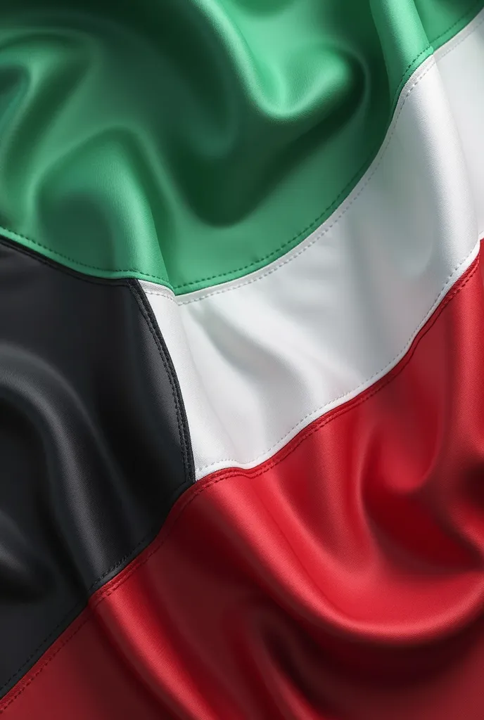 Create me a real high resolution image of a Kuwaiti flag made and carefully stitched from natural silky satin flag, the flag is real with no additives