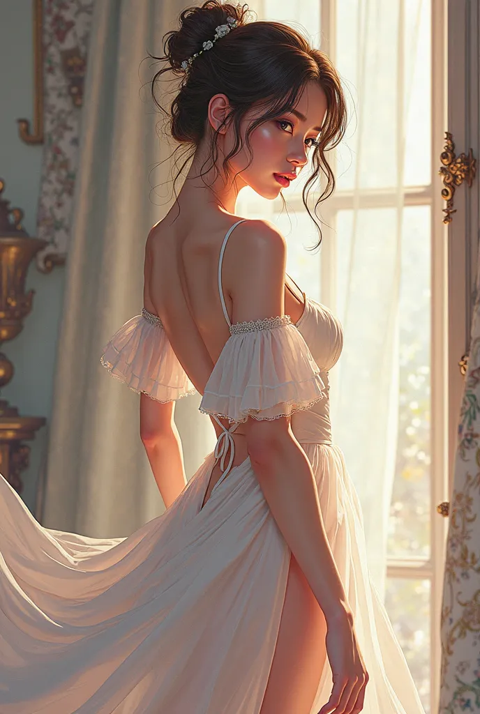 there is a woman in a white dress and stockings posing, lineart inspired by WLOP, tumblr, rococo, lit from behind, thicc, 2b, 2 b, low view, guweiz, [ 4 k digital art ]!!, guweiz masterpiece, looking from behind, loish and wlop, lit from bottom, 