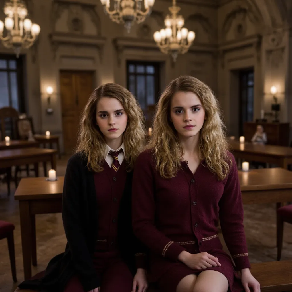 Two young witchcraft students sit side by side in a large Hogwarts-style dining room, dressed in elegant wizard's attire. They look into the camera with expressive and unique looks - Hermione has shaggy brown hair and an easy manner, the other Luna Lovegoo...