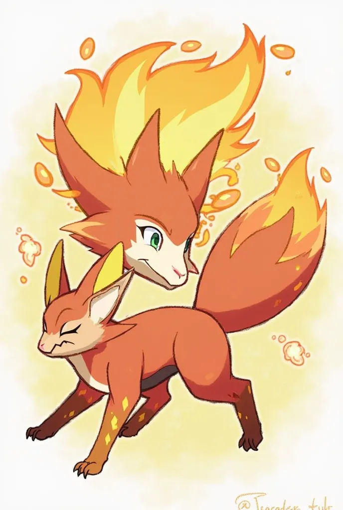 


---

1. Firalek (Fire)

 Description : A small fox Pokémon with reddish-orange fur and golden markings that look like flames. His tail ends in a burning spark that flickers when excited. ? Its pointed ears and bright eyes give it a mischievous and curio...