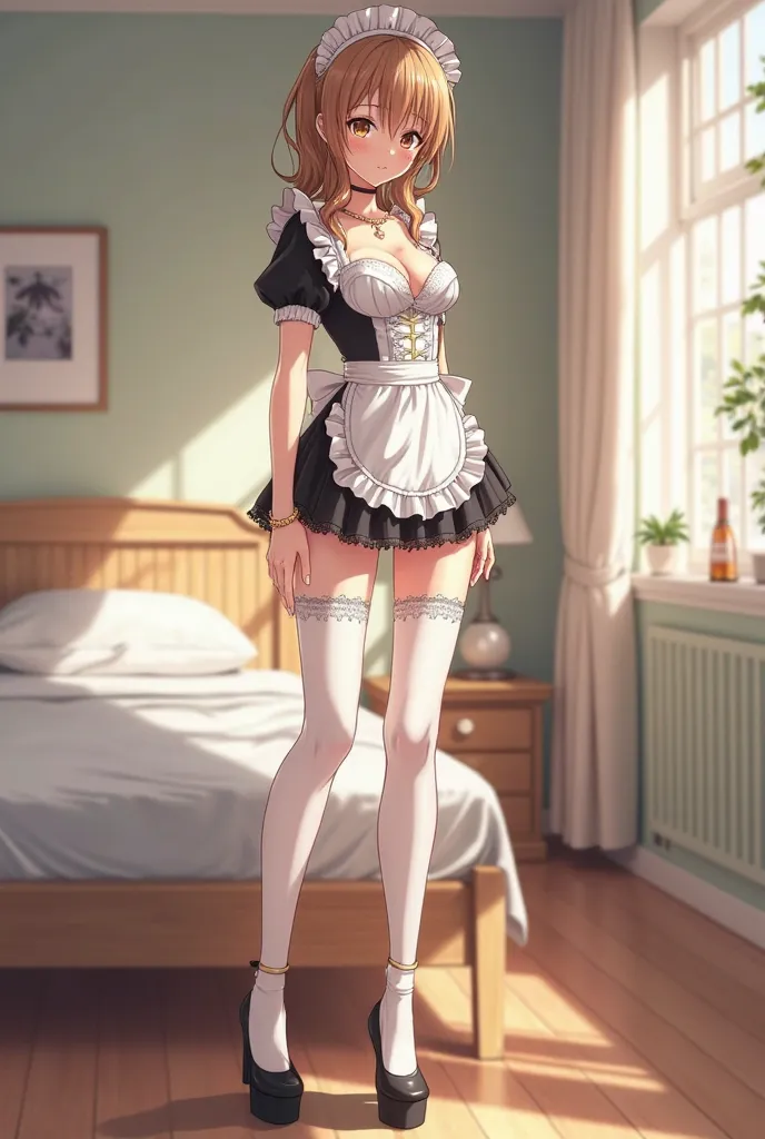 Anime girl maid, high quality drawing, 8k, modern drawing, closer to 3D

A ​​skinny girl with incredibly long legs, emphasizing every curve and line of long legs. White slightly transparent stockings with lace elastic bands on the hips, a gold anklet and p...