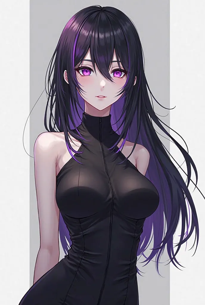 I want you to draw an anime character with serious but charismatic white skin, dark black hair, purple hair. She wears black clothes