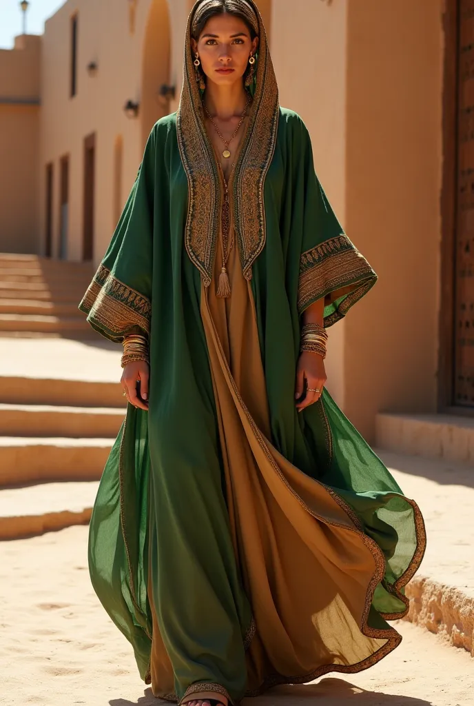 Green and brown Moroccan jellaba for women