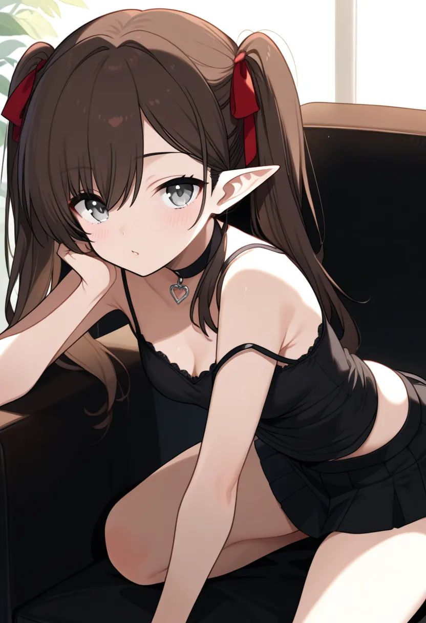 score_9, k'ra, grey eyes, brown hair, black camisole, short black skirt, source_anime, ntm,