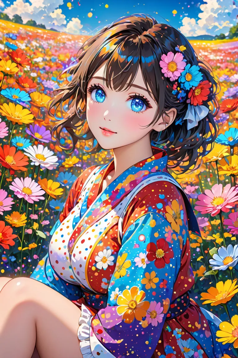 (Anime:1.4) Cute and surreal cute", Anime cute young,, Beautiful girl with big boobs, Makeup, , ((Beautiful eyes with amazing details)) Colorful, Lighting, (Looking at the viewer) "She is wearing a colorful ,,,,,. She is sitting in a colorful flower field,...