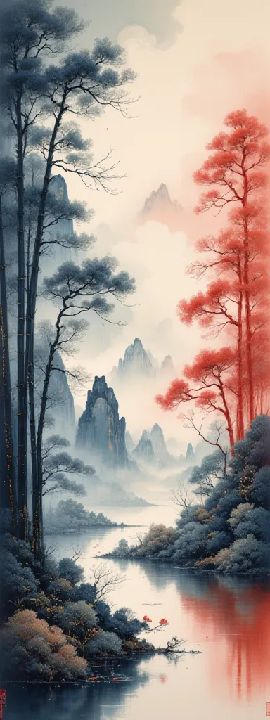 (oriental silk gauze), monochrome ink painting gradient, Wang Wei's poetic landscape style, bamboo forest with misty mountains, ink wash texture simulation, dynamic brushstrokes capturing pine breeze movement, color transition from midnight blue (#0F3A6A) ...