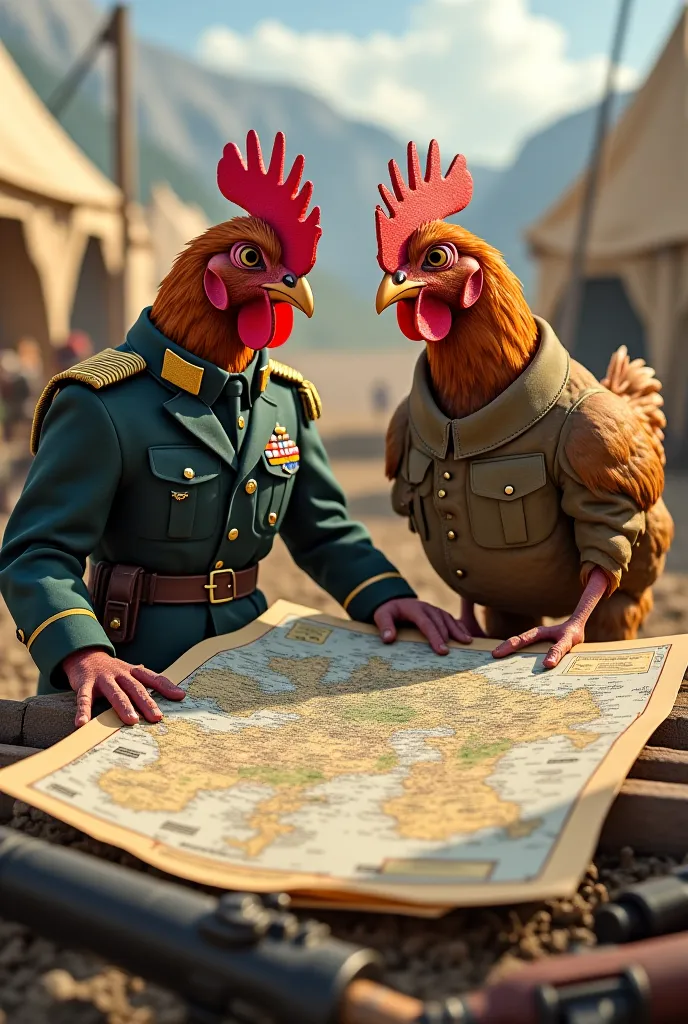 a hen as military officer reading geographic map with his friend