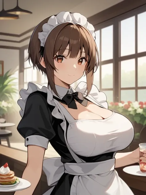 score_9, score_8_up, score_7_up,  source_anime，nsfw，uncorrected，1 girl, alone, Girl and Tank,  Nishizumi Miho, brown eyes, brown hair, short hair, (maid clothes:1.4),Closed Mouth,happy,indoor, Cafe、very big breasts、Big boobs to be revealed、Naked Big Breast...