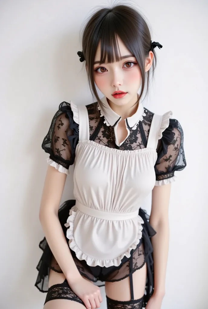 masterpiece,best quality,amazing quality,1girl,solo,adult,housemaid,small_breasts,black hair,hair bun,short hair,blunt bangs,brown eyes,(thurime:0.8),maid_headdress,rimless_eyewear,skirt_lift,shaded_face,disgust,standing,black garter belt,black_lace-trimme...