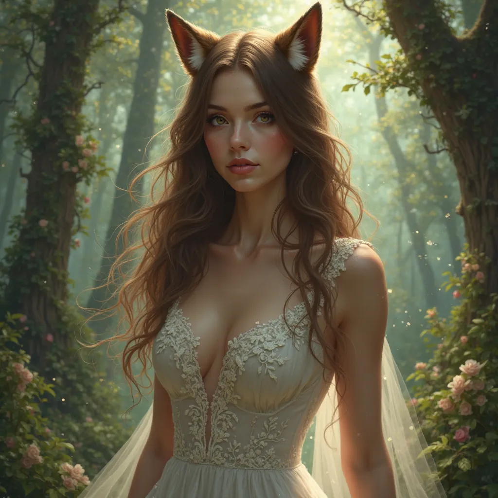 An image of a woman with long brown hair,brown eyes, a sensual look with fox ears, has a very strong chest dressed in a wedding dress in a fairy forest 