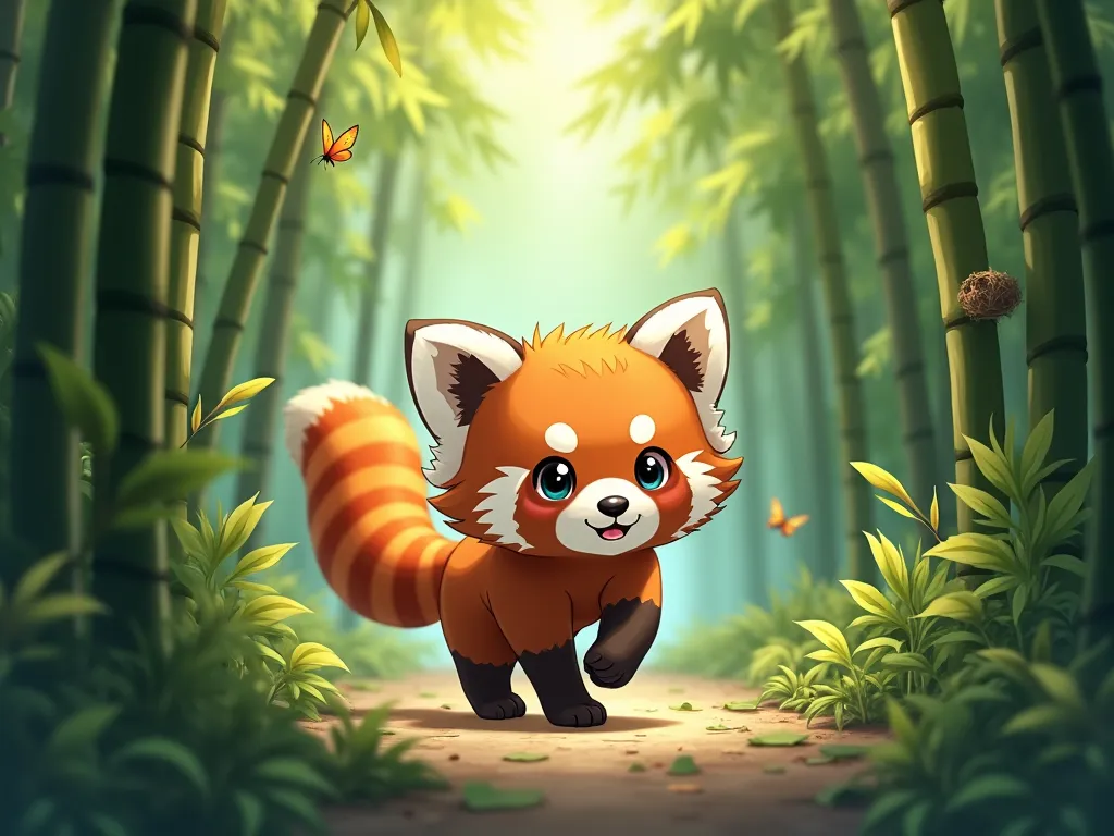 the anime red panda goes deep into the bamboo forest with its tail