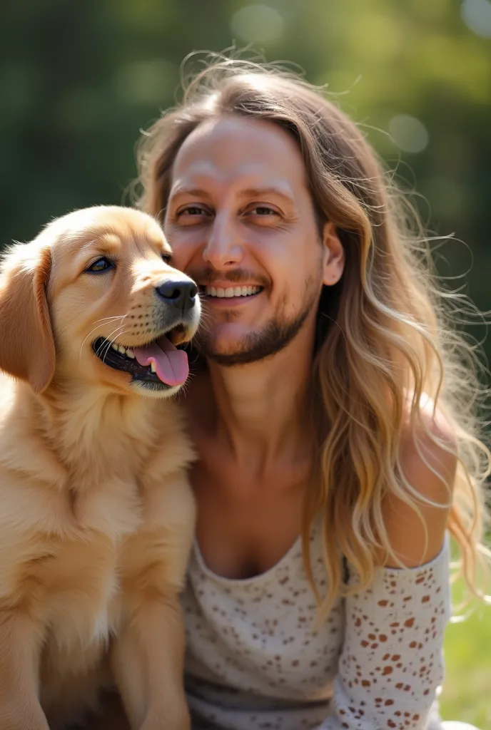 A realistic portrait laughing joyfully while watching a golden retriever puppy sitting next to her on a sunny afternoon, soft natural light, shallow depth of field, focusing on her expressive face and the playful behavior of the puppy, captured with Canon ...