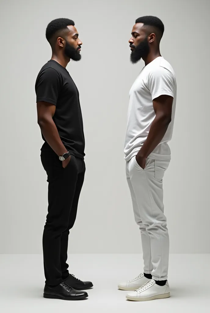 Man dressed black t shirt, black pants, black shoes meet with man dressed white t shirt, white pants, white shoes