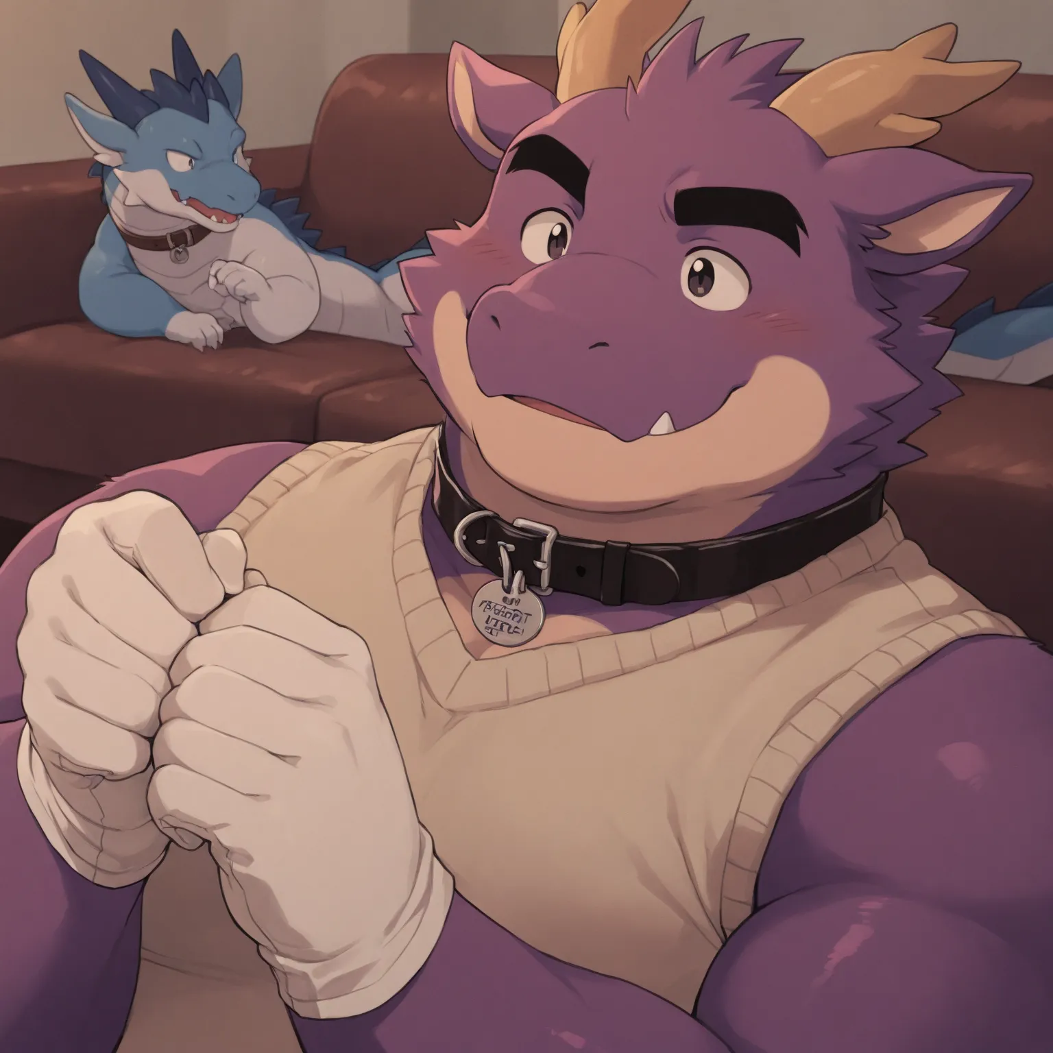 High Quality, Male, Dragon, Anthro(Dragon),Chubby,(Black eyebrows:1.1),(Perfect eyes),Smooth Skin，（artist:Takemoto Arashi），1920s, Living Room background，claw，（Sweater-vest:1.3）。Wearing a Leather collar around his neck. Wearing fancy white gloves on his han...