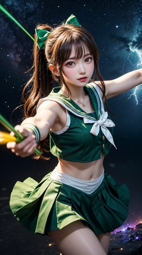 "Sailor Jupiter, a cute high school girl warrior in a green Sailor Moon-style costume, long brown ponytail, Thunder-motif tiara, short pleated skirt with green sailor collar, heart-shaped pendant on chest, holding a lightning-charged bow and arrow, strikin...