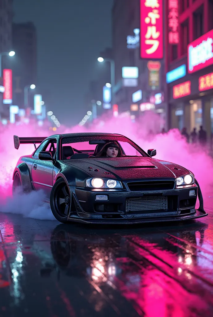 hires, cover page, movie poster, absurdres, perfect anatomy, Rain Runners, Push the Limits, Beyond the Rain., A modified sports car (black sports car, streamlined body, neon pink underglow) drifting under neon signs reflecting on the wet road surface. Wate...