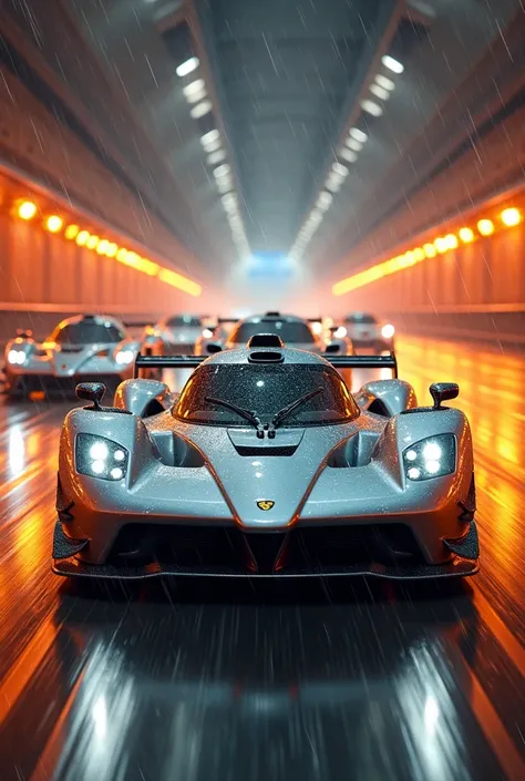 hires, cover page, movie poster, absurdres, perfect anatomy, Rain Runners, Push the Limits, Beyond the Rain., Inside a highway tunnel, multiple sports cars are speeding in a line with their headlights on. Leading the pack is a silver sports car (streamline...