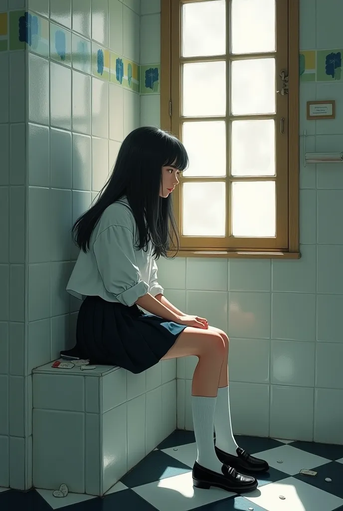 "Create a moody, introspective illustration of a person sitting on a tiled ledge in a small, tiled bathroom with white walls and a checkered floor. The individual is dressed in a classic school uniform, featuring a white blouse with rolled-up sleeves, a sh...