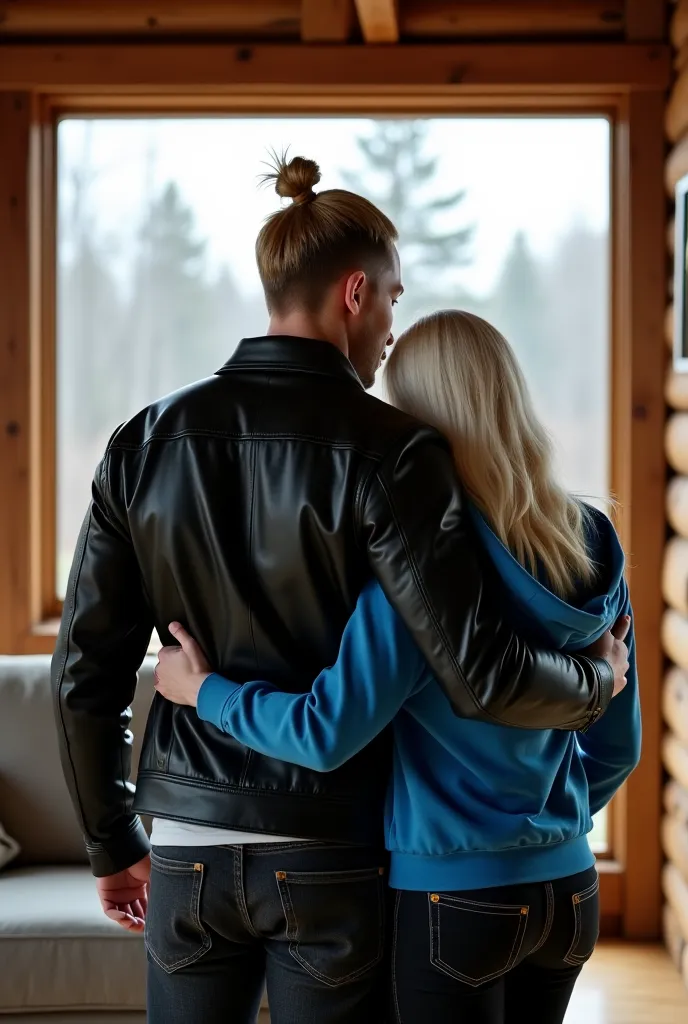 Large rustic living room with window with wooden walls, A muscular man, blond man bun, with black leather jacket, black jeans put his arm around a slim woman with snow white smooth, blue long hoodie black jeans, She is leaning her head against him.  back v...