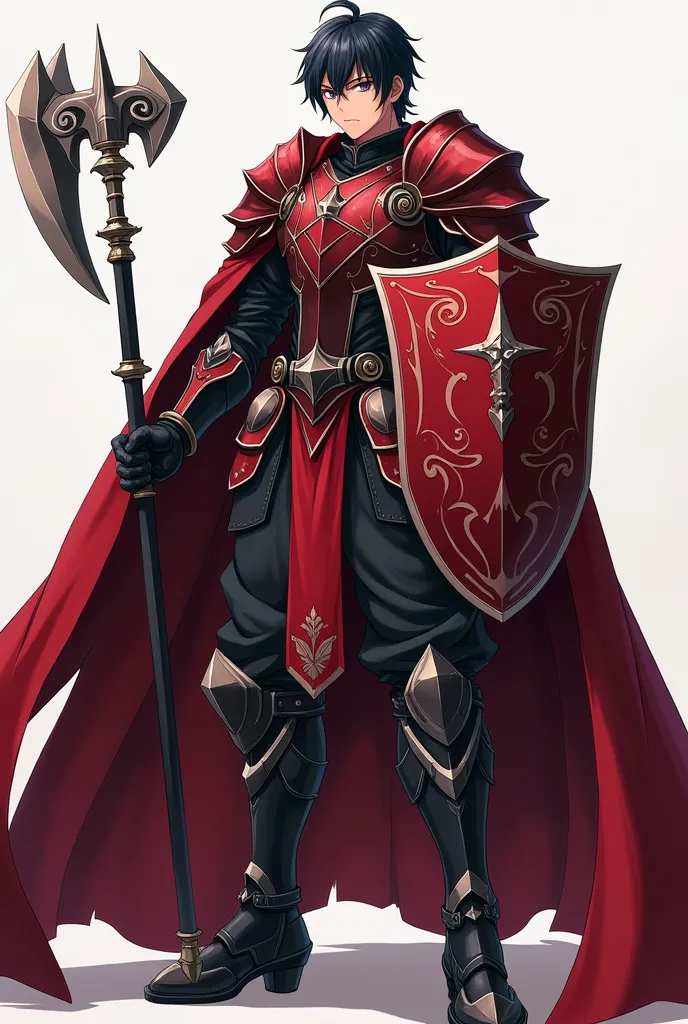 Armoured anime warrior Order of the Scarlet Griffin with the Sixoper weapon ( mace ) " Stone Vera " and Tower Shield Shield ( Large rectangular shield ) " Titan Wall " and unique gloves ( dark gloves ) " Prisoner restraints " , and the character himself lo...