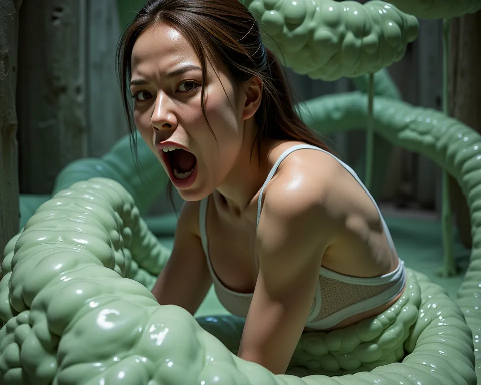 Woman in underwear being eaten by giant slime。
 she is screaming in so much pain。
She has wide open thighs。
Slime is slurping her 。
実写風
彼女はtearsを流しながら助けを求めている
号泣，tears