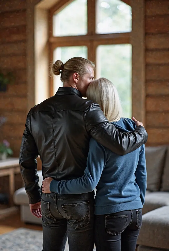 Large rustic living room with window with wooden walls, A muscular man, blond man bun, with black leather jacket, black jeans put his arm around a slim woman with snow white straight hair, blue long hoodie black jeans, He pulls them close she rests her hea...