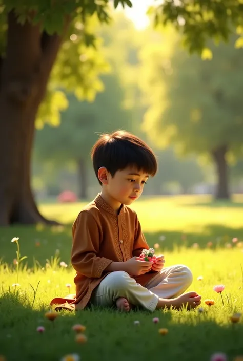 Brown Abaya-style Outfit in a Park: A curious  Muslim boy wearing a brown long tunic and white pants, sitting on the grass in a peaceful park, surrounded by trees, with a small toy in his hands.