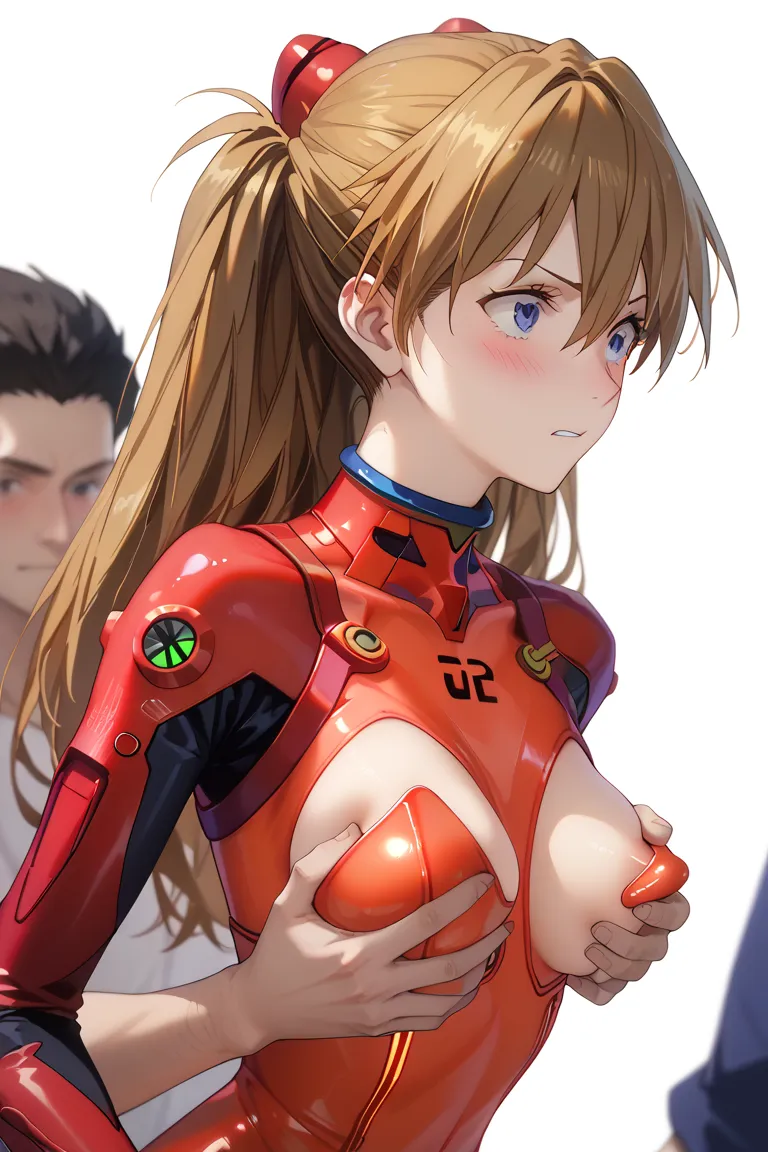 Asuka Shikinami Langley、masterpiece、top quality、side view、1 girl、head shot、(grabbing girls breasts from behind:1.3)、orgasm、(blushes:1.2)、medium breast、long hair, brown hair、twintails、plug suit