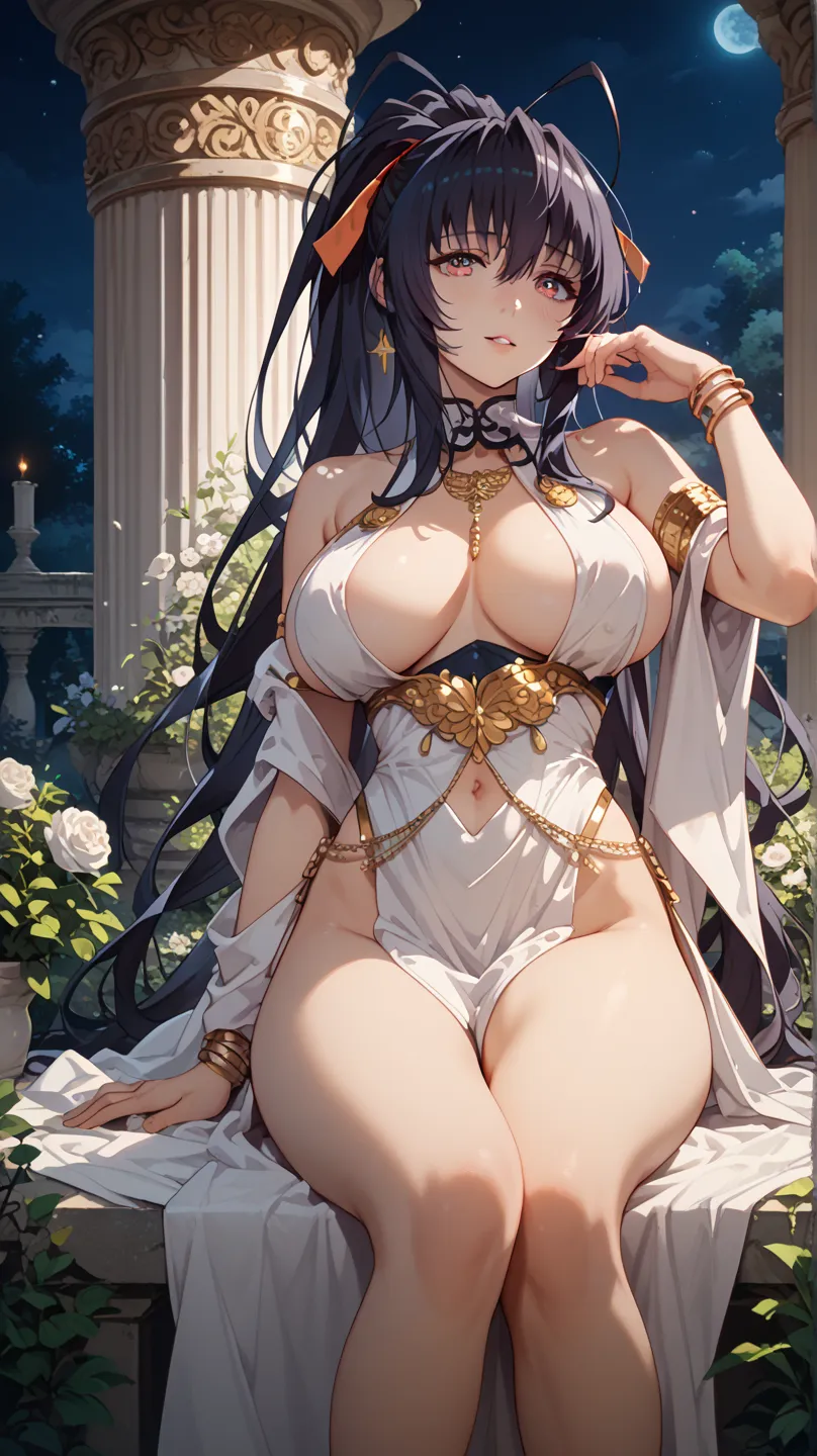 Akeno Himejima, UHD, black hair, long hair, Big breasts, wearing a white Greek outfit, with gold jewelry and ornaments, watching the spectator, at night, in a Greek temple, Next to a beautiful garden sexy pose, Open legs, 