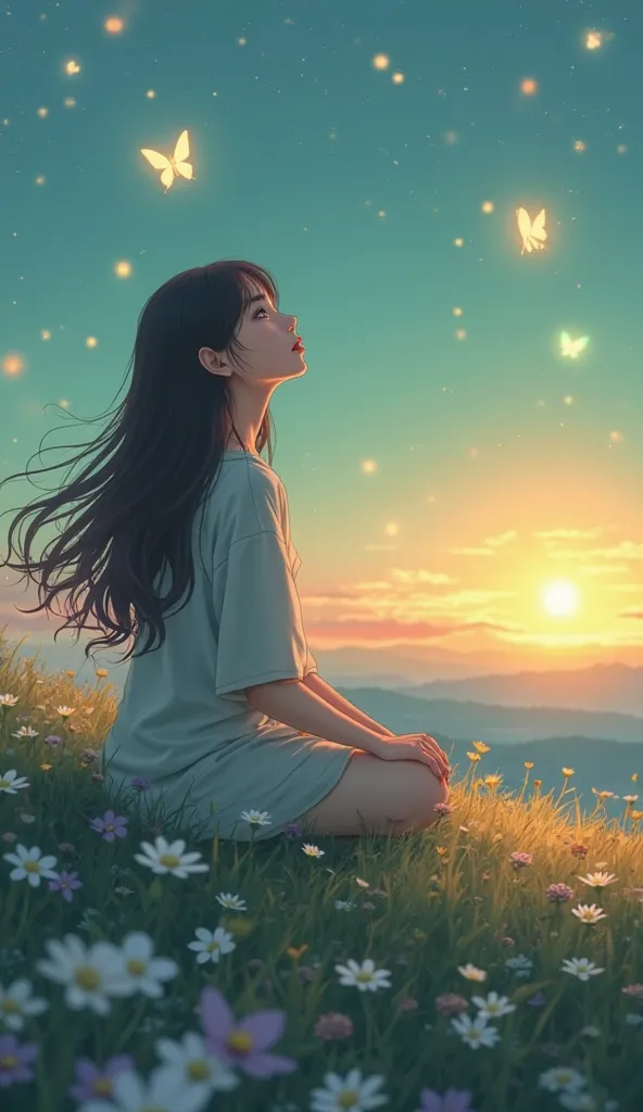 A young woman with long, dark hair sits on a hilltop meadow at sunset.  She is positioned slightly to the left of center, facing away from the viewer and looking upward at the sky filled with glowing butterflies and stars.  The woman appears to be of East ...