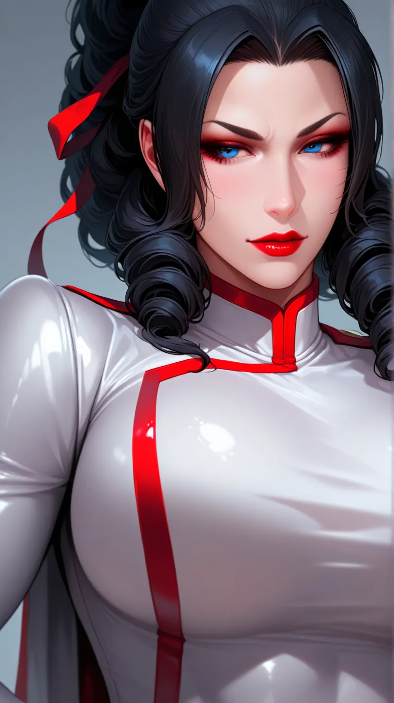 Woman Mai Shiranui the King of Fighter long curly hair color black with red lips blue eyes white latex clothes( medium breasts)