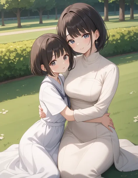 masterpiece、 Mother and 、 family  、Genuine、Photographic expression 、Japanese、 bob cut、 black hair 、Mother、20 years old、white dress with large slit、、、 small tits、 cute dress 、Hug each other at the park、The girl is sitting on the lawn with her mother、and Shi...