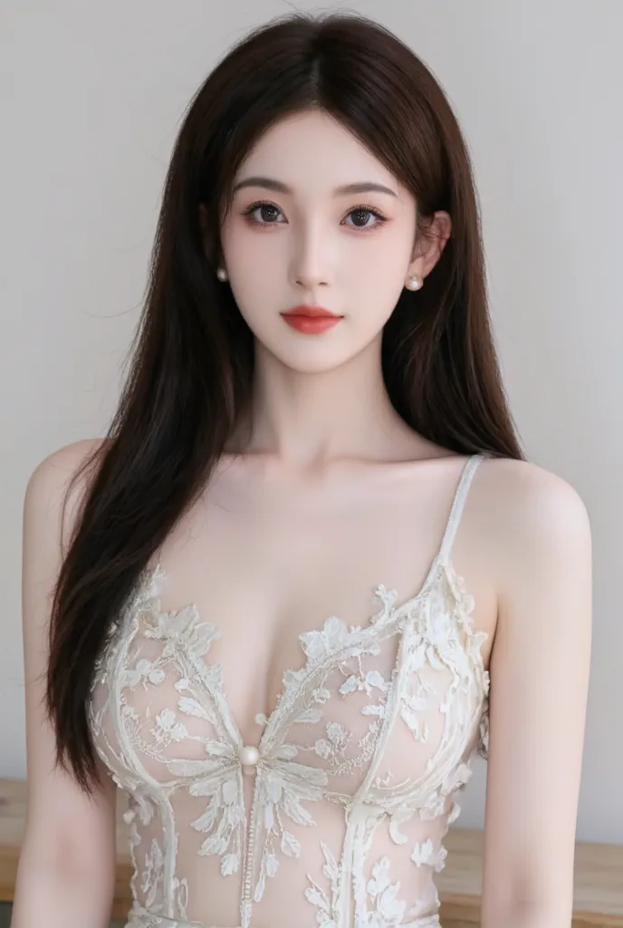 Seven-part portrait photography，young woman with long black hair，c+ Curved Body，wear（white lace cheongsam），floral lace pattern on cheongsam，Wear pearl stud earrings， Snow White Skin ， clear eyes，Natural red lips， natural smile ，indoor environment full body...