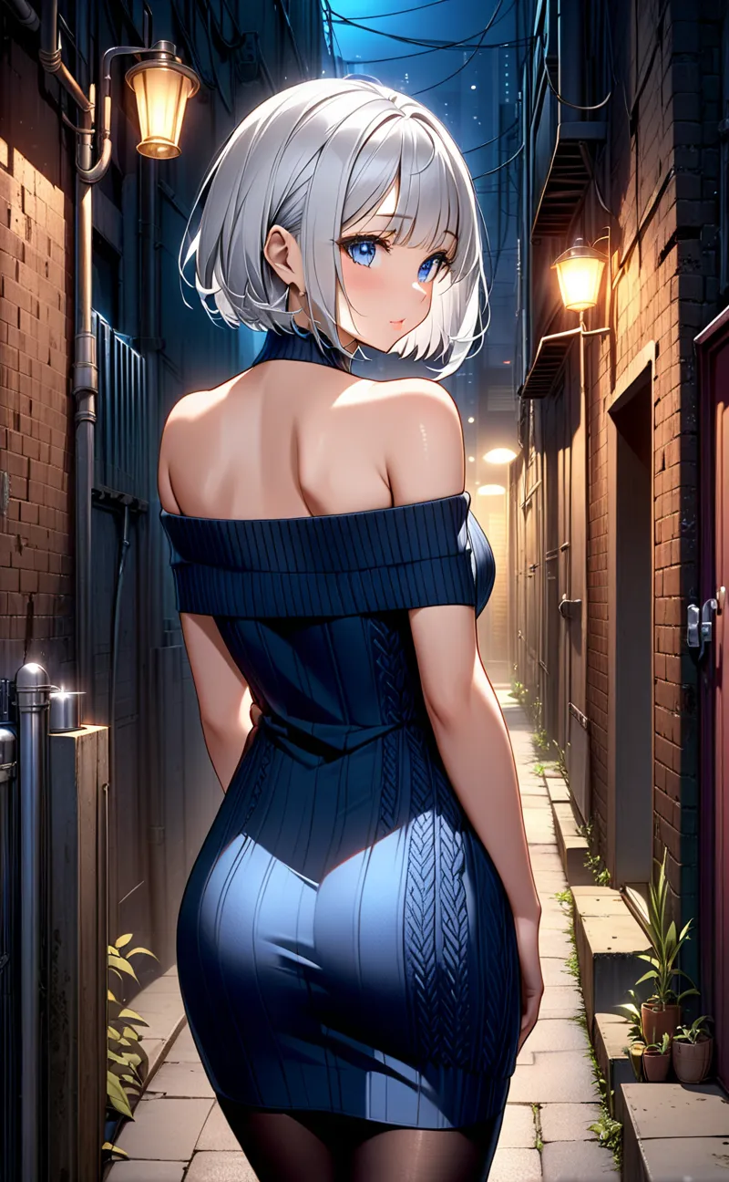 Ultra high resolution, rich colors, perfect image, top quality, detailed image, beautiful woman, glowing skin, texture of skin and clothes, delicate eyes, (((Back alley at night))), (((Front))), off-shoulder knit dress, black tights, seeking expression, fl...