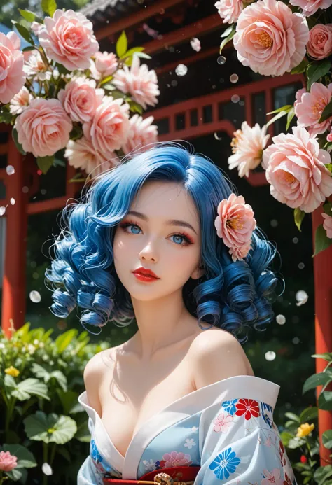 Adult European woman, 40 year old woman , posing for a photoshoot,in a Japanese osen, BREAK wearing a tight and see-through kimono with flowers pattern, Bare shoulders, a Sakura flower in hair, BREAK (long cyan blue hair), (curly hair), stunningly beautifu...